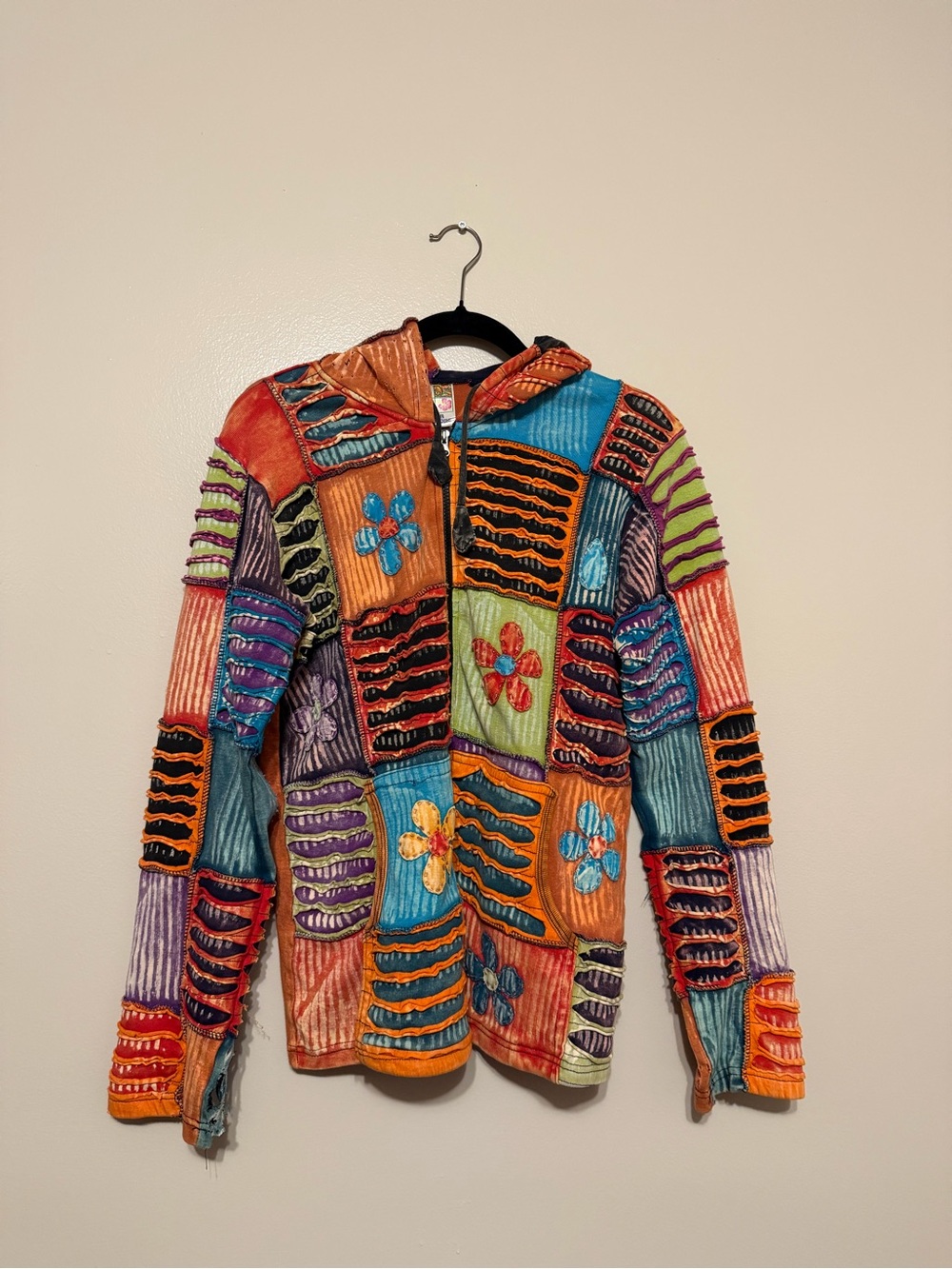 VTG Embroidered Size L Zip Up Hoodie Jacket Boho Art 100% Cotton Made- Nepal (K)